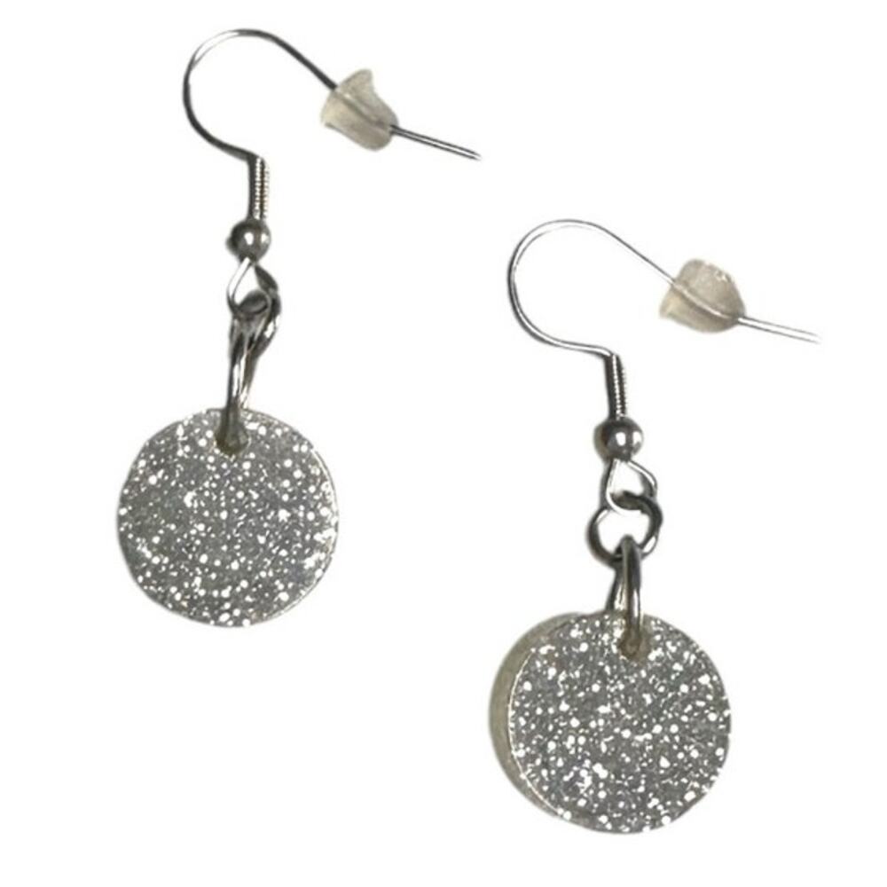 Vintage Hanging Pendant Glitter Earrings, Round Sparkle Earrings Silver